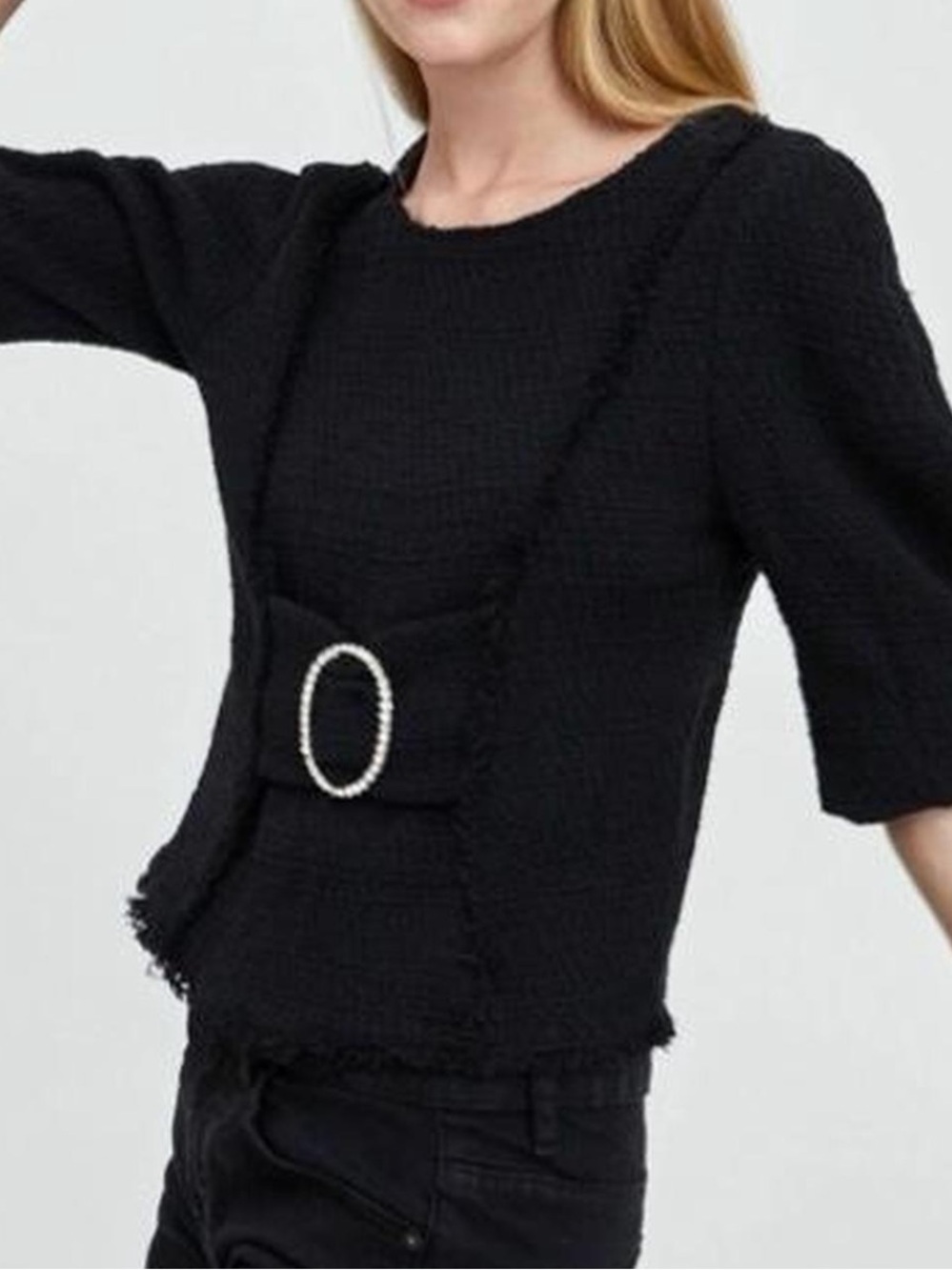 Zara black TRF textured tweed blouse with diamond belt - NWT SIZE XS